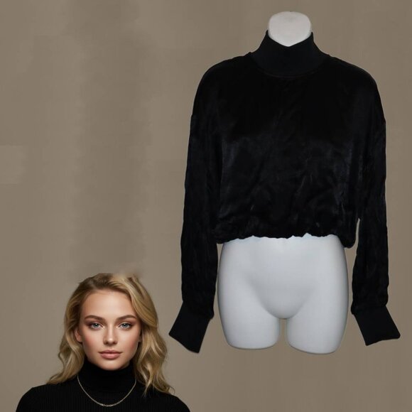 NEW Zara Women's Black Cropped Top Turtleneck Blouse Shirt, Medum, Long Sleeve - Picture 1 of 10